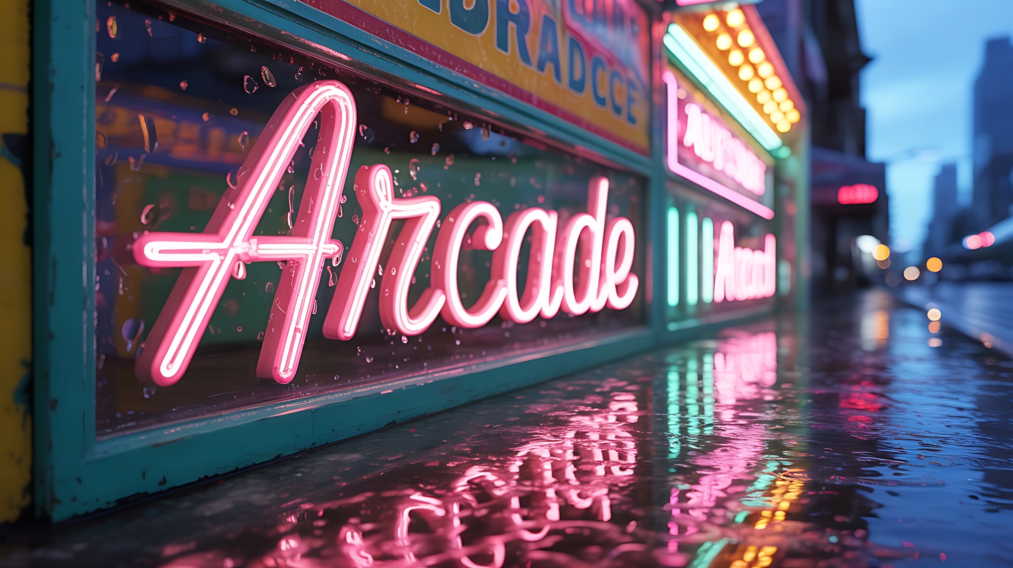 Neon arcade sign reflecting on wet pavement