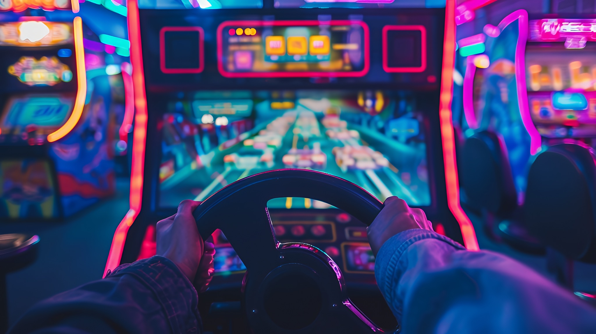 Hands holding a steering wheel at an arcade racing game